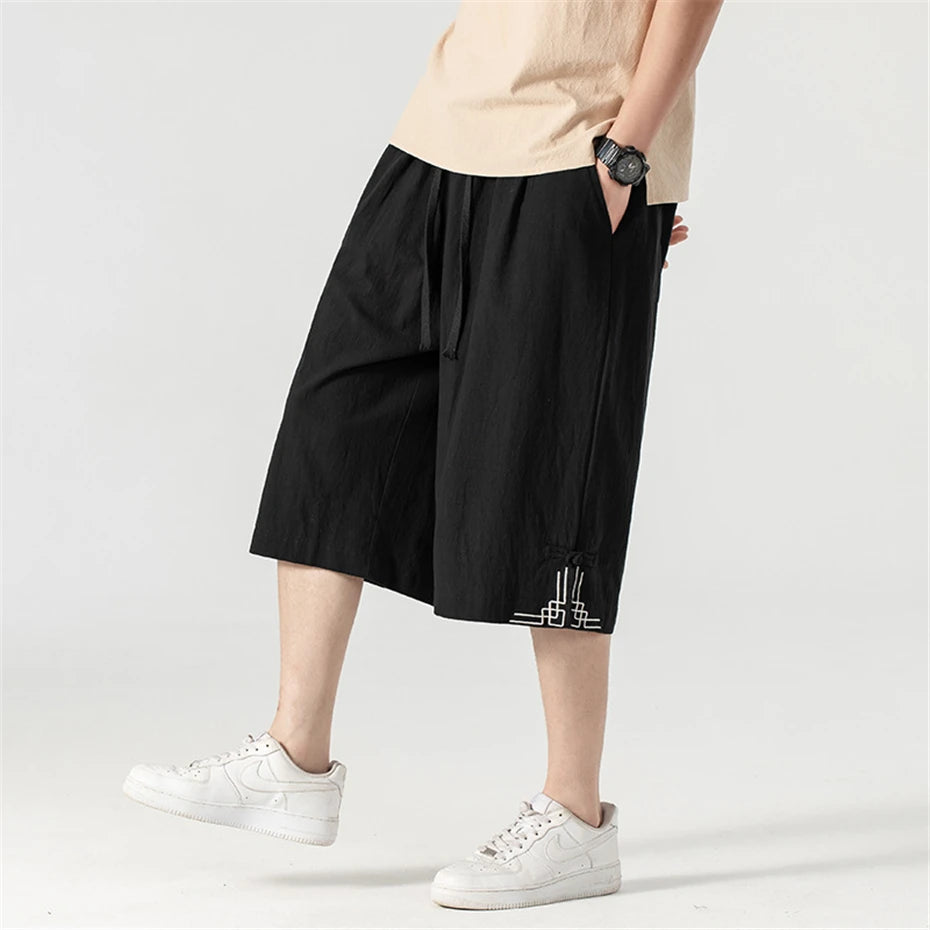 Summer Calf-length Pants Men Loose Linen Pants Plus Size 9XL Summer Short Pants Male Solid Color Bottom Big Size 9XL