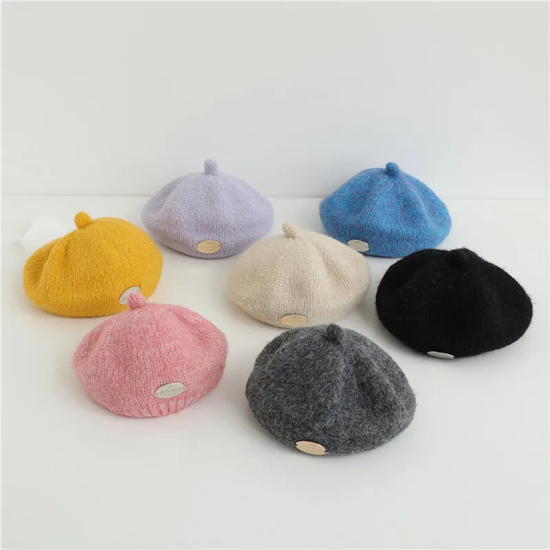 Korean Knit Beret Hat for Kids Girls Winter Solid Color Wool Beanie