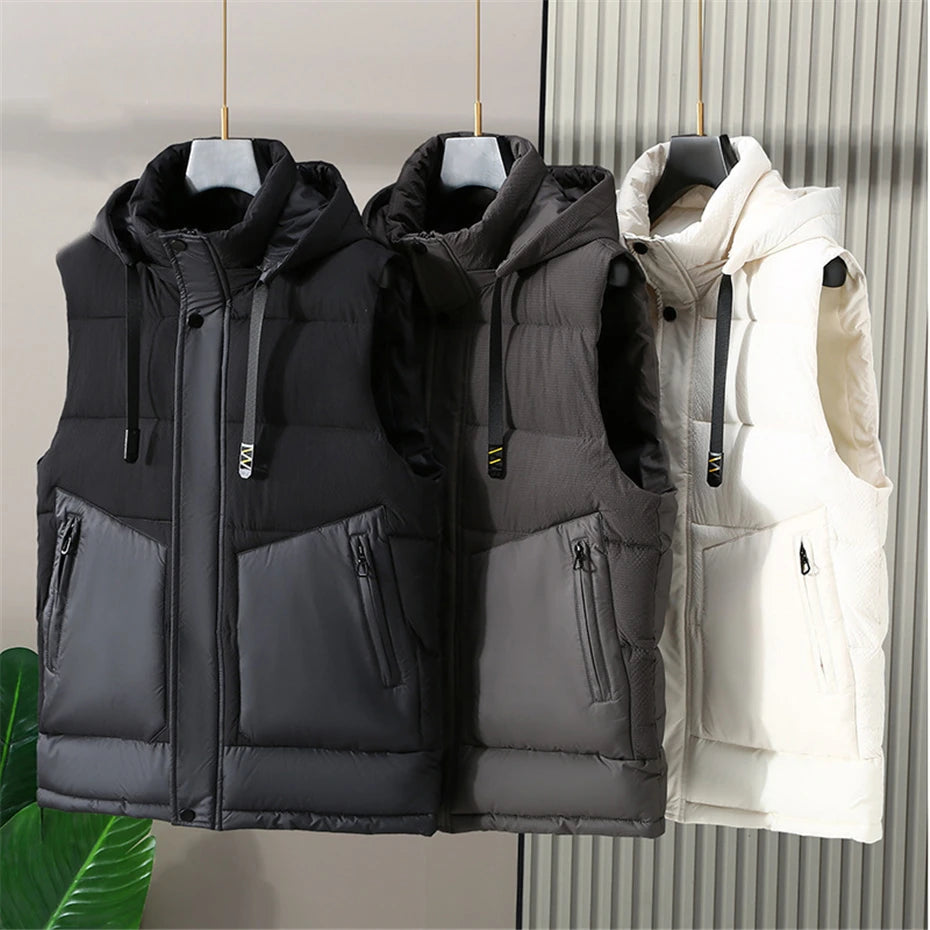 Winter Vests Men Thick Sleeveless Jacket Hooded Vests Plus Size 8XL Fashion Casual Patchwork Design Vest Male Big Size 8XL