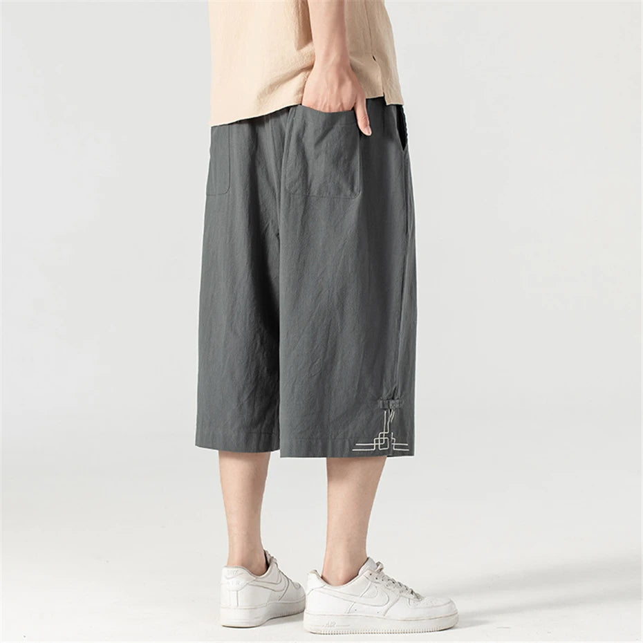 Summer Calf-length Pants Men Loose Linen Pants Plus Size 9XL Summer Short Pants Male Solid Color Bottom Big Size 9XL