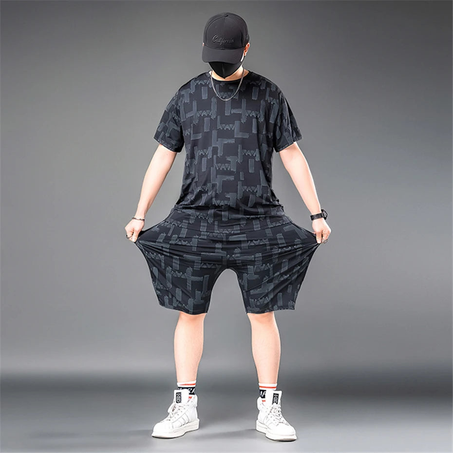 Men's Sets Summer Cool Suits Plus Size 7XL Stretch Tracksuits Men Summer T-shirts Shorts Male Fashion Casual Suits Big Size 7XL
