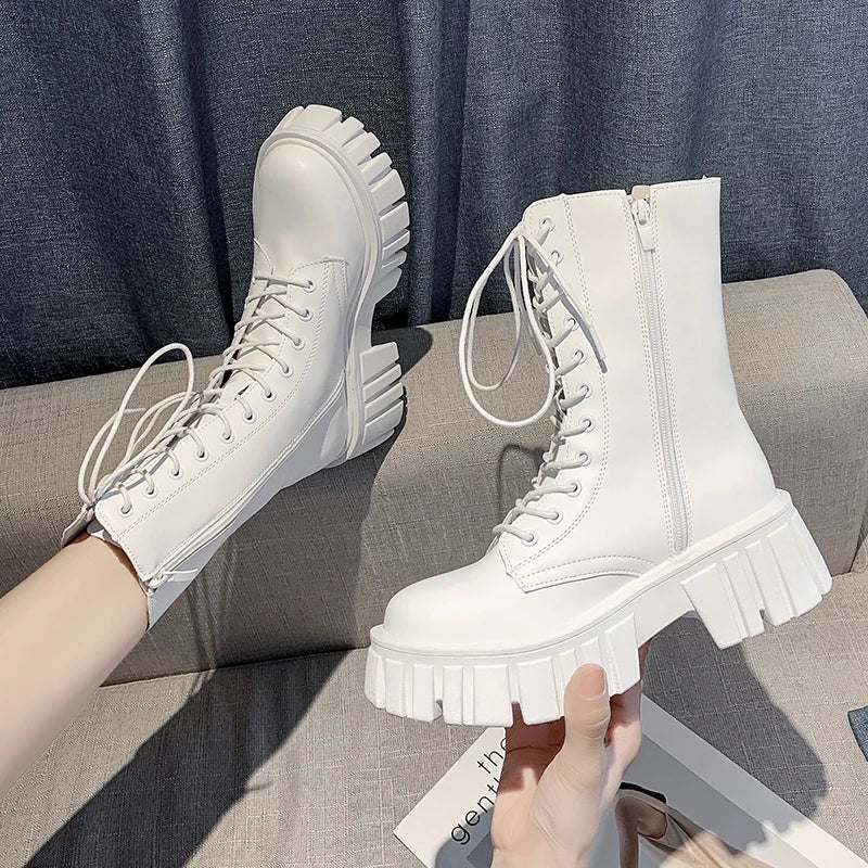 Fashion women's ankle boots lace up chunky shoes woman autumn winter