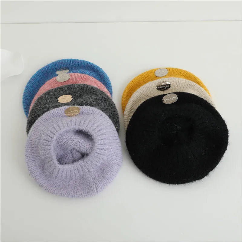 Korean Knit Beret Hat for Kids Girls Winter Solid Color Wool Beanie